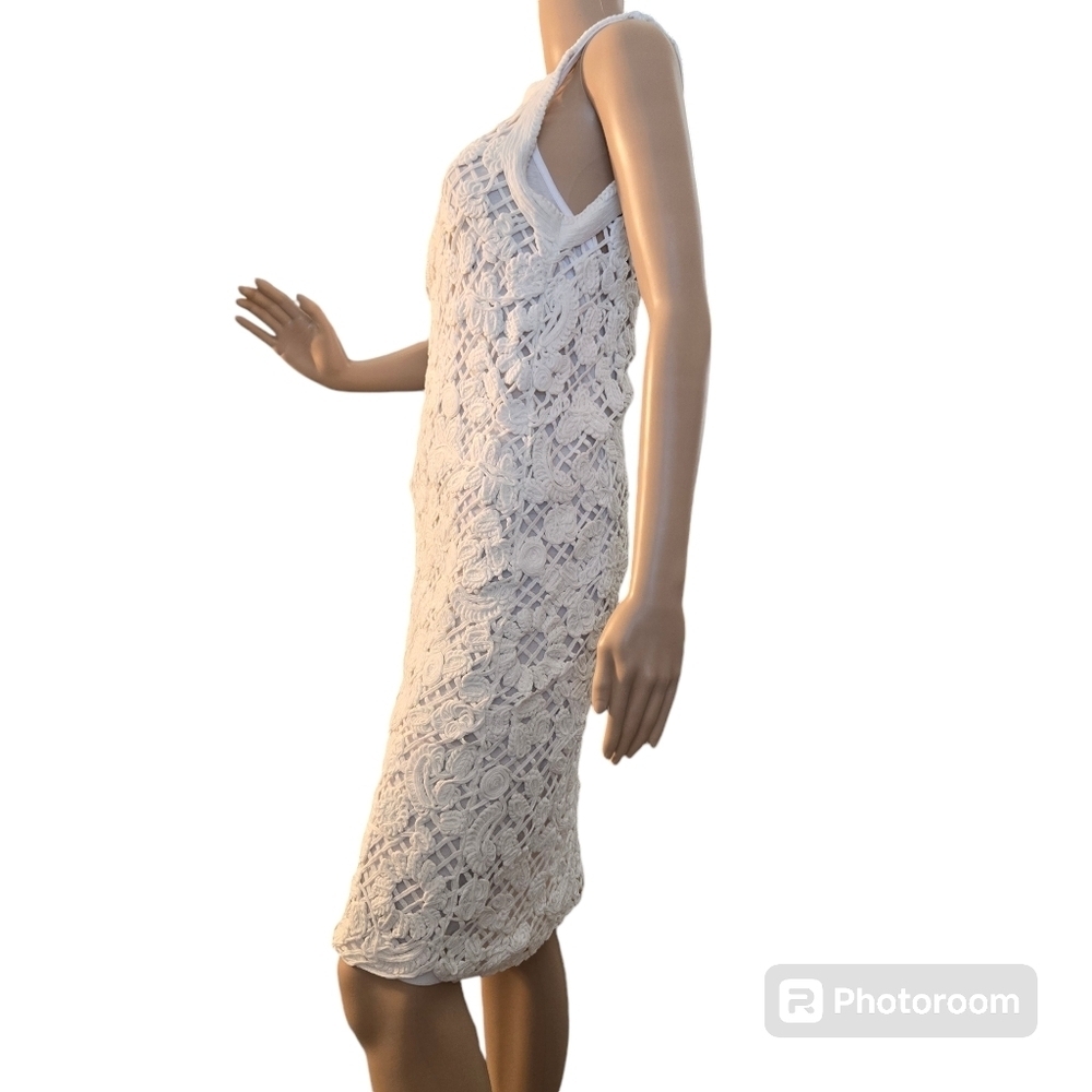 Endless Rose White Lace Crochet Embroidered Lined Sleeveless Cotton Midi Dress - Picture 4 of 8